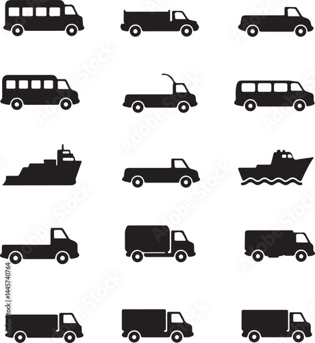 Set of Black Vehicle Icons  Silhouette Transport and Delivery Car Symbols on White Background.
