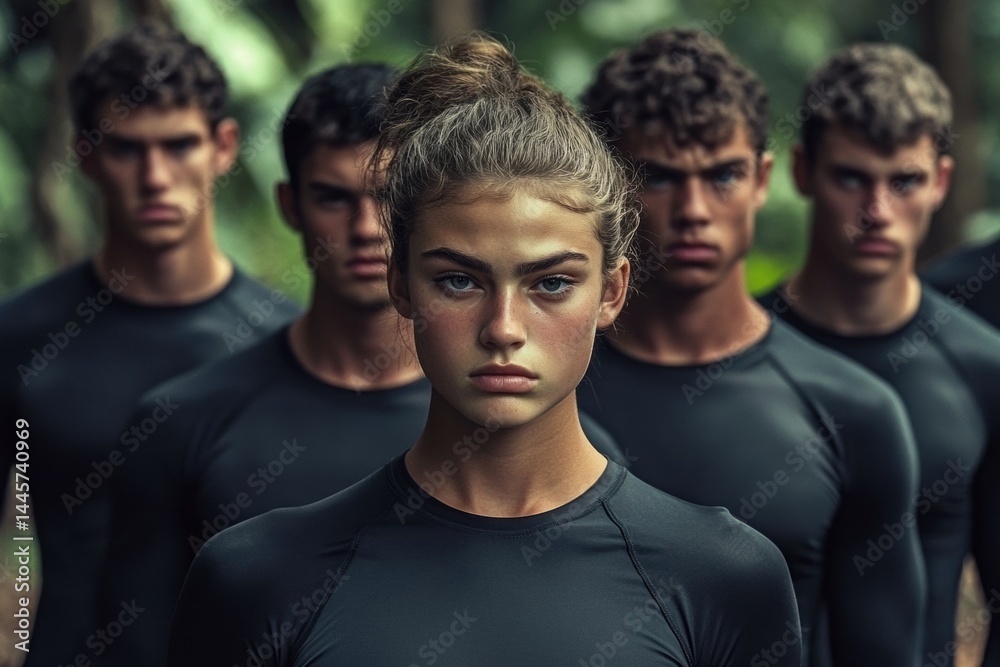 Obraz premium Group of six somber individuals in forest wearing black long-sleeve shirts, deep in thought, with blurred wooded background