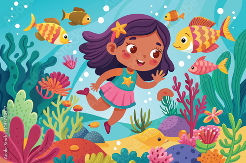 A young girl swims happily among a variety of colorful fish and corals in a lively underwater environment, showcasing marine life and natures beauty.
