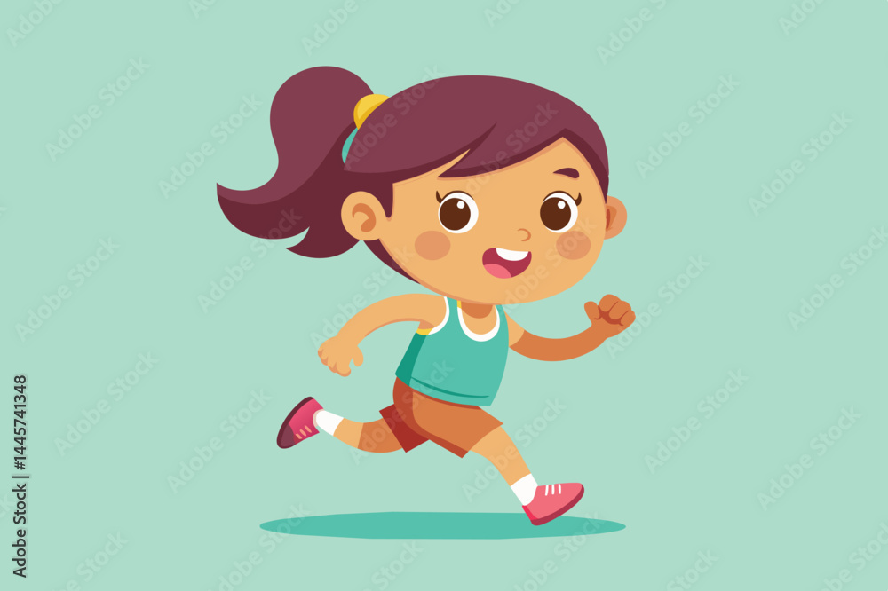 A young girl joyfully sprints with a big smile, dressed in a teal tank top and orange shorts, showcasing her enthusiasm for running and fitness. A young girl joyfully sprints with a big smile, dressed in a teal tank top and orange shorts, showcasing her enthusiasm for running and fitness.