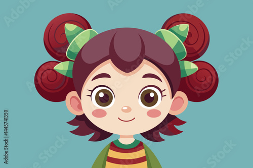 A young animated girl smiles brightly, showcasing her curly red hair adorned with green ribbons, set against a soft blue backdrop, radiating joy.