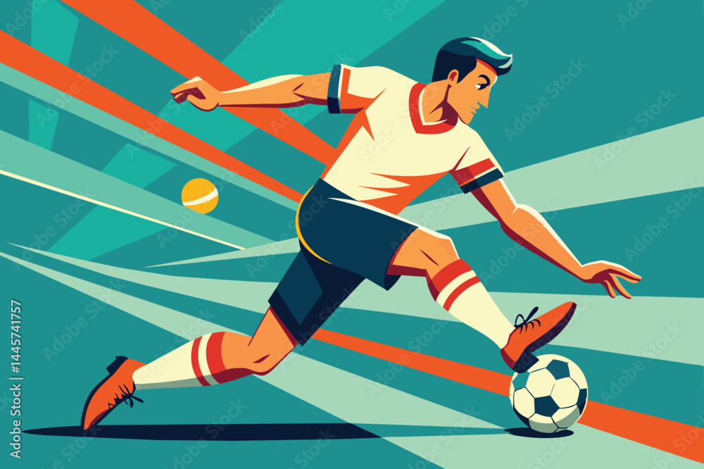 Fototapeta premium A skilled young athlete strikes a soccer ball with precision, demonstrating athleticism and concentration on a colorful playing field under clear skies.