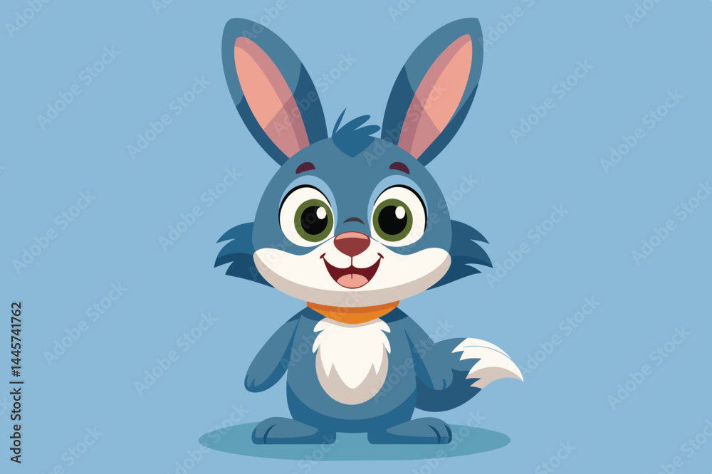 A charming blue rabbit with big ears and a fluffy white tail smiles widely while standing on a light blue background, radiating friendliness and joy. A charming blue rabbit with big ears and a fluffy white tail smiles widely while standing on a light blue background, radiating friendliness and joy.