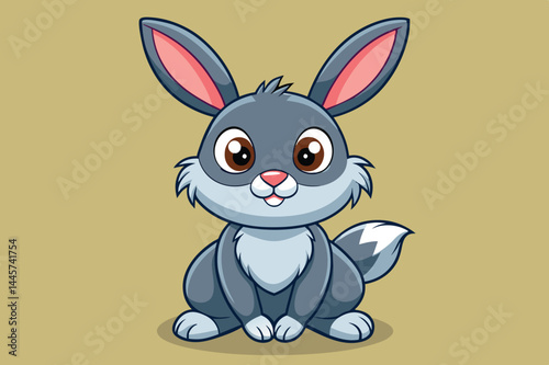 A cheerful cartoon rabbit with gray fur and prominent ears sits attentively, its round eyes sparkling with curiosity against a simple backdrop.