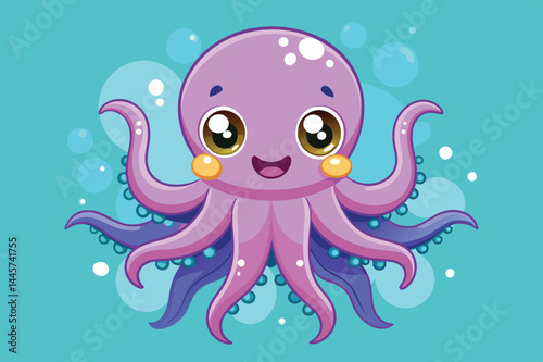 A cheerful cartoon octopus enjoys its time underwater, surrounded by bubbles. Its large, expressive eyes and vibrant colors create a lively atmosphere in a marine environment.