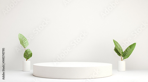 Minimalist White Display with Green Plants. Clean Interior Design