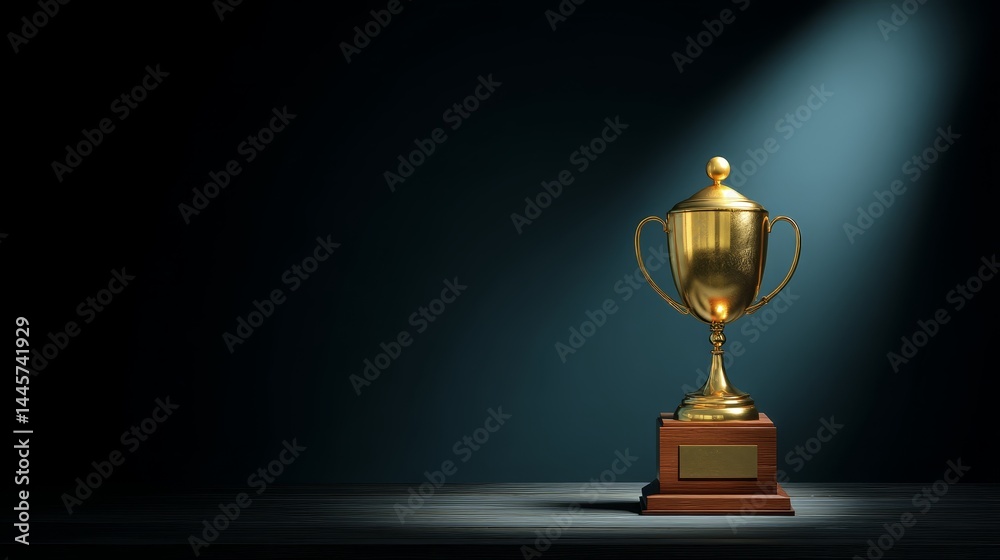 Shining golden trophy on rustic wooden table, asymbol of achievement and success Shining golden trophy on rustic wooden table, asymbol of achievement and success