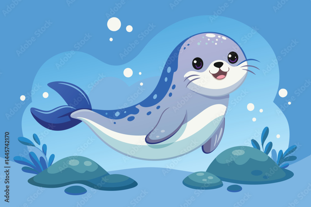 A playful cartoon seal swims joyfully in clear water among soft corals and bubbles, radiating happiness in a vibrant and cheerful aquatic environment. A playful cartoon seal swims joyfully in clear water among soft corals and bubbles, radiating happiness in a vibrant and cheerful aquatic environment.