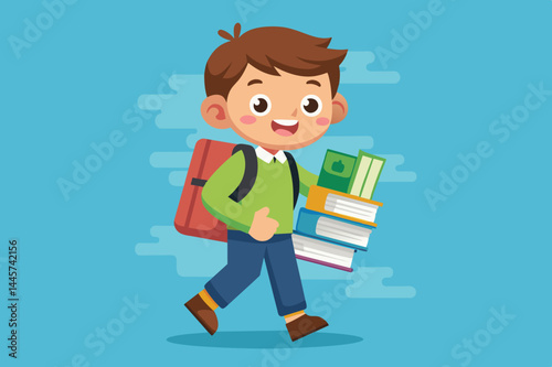A young boy smiles brightly as he walks with a backpack, eagerly carrying a stack of colorful books against a vibrant blue backdrop.