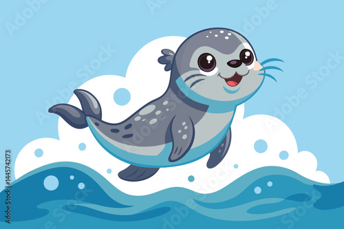 A joyful cartoon seal leaps through the air above the playful blue ocean waves, its adorable expression brightening the vibrant scene in a clear, sunny atmosphere.