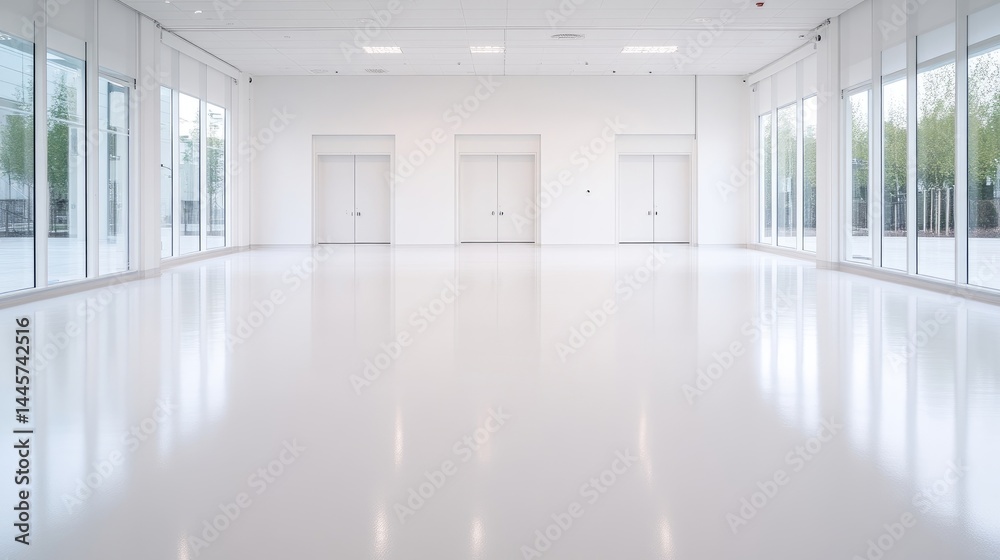 Fototapeta premium Empty white modern hall with reflective floor and large windows during daytime.