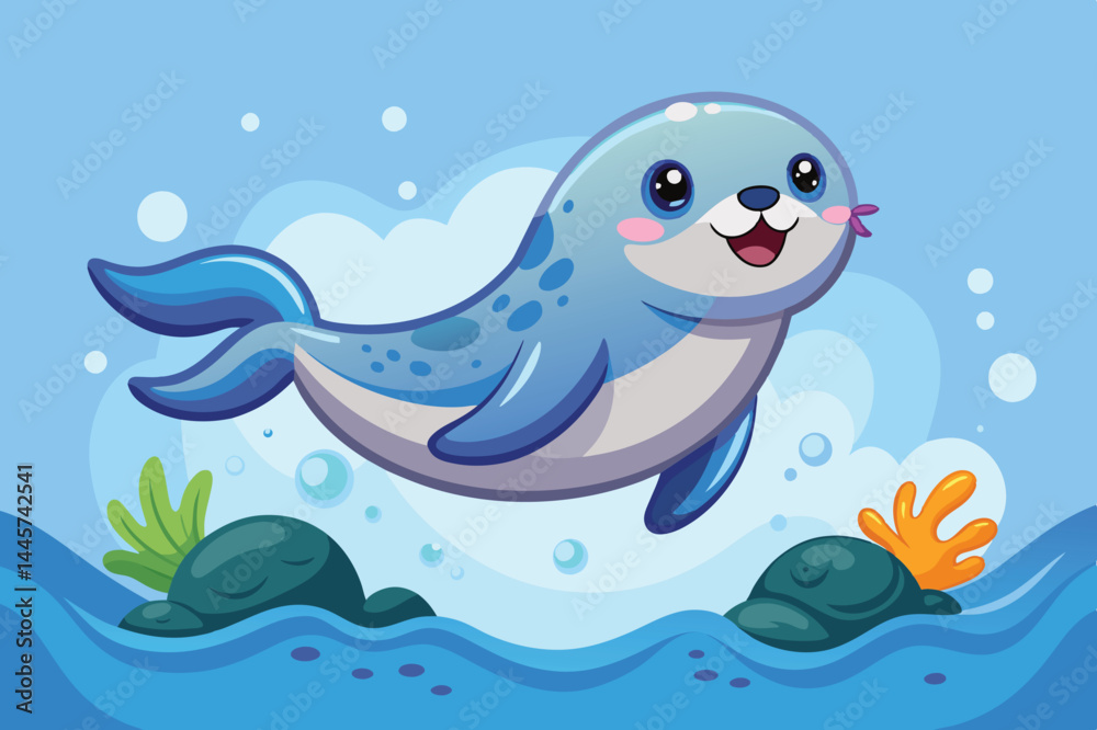 Naklejka premium A cartoon seal with a cheerful expression leaps through the clear blue water, surrounded by ocean plants and bubbles, creating a joyful underwater atmosphere.