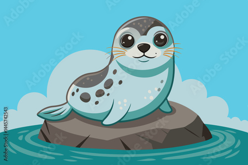 A cheerful cartoon seal lounges on a rocky surface, surrounded by turquoise waters, with a bright blue sky and fluffy clouds overhead, radiating a playful vibe.