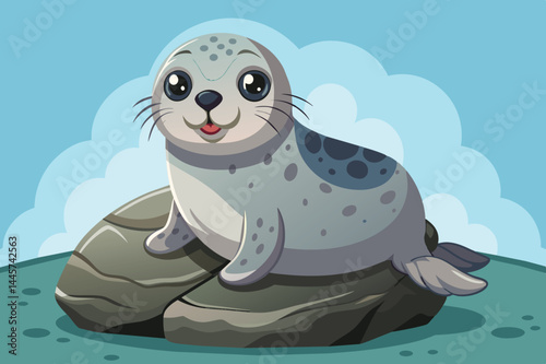 This playful illustration features a cheerful seal lounging on a rocky surface, surrounded by a light blue sky and fluffy white clouds, evoking a whimsical atmosphere.