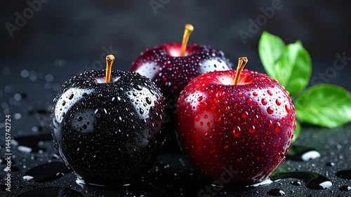 Fresh Black and Red Apples with Water Droplets on Dark Background.