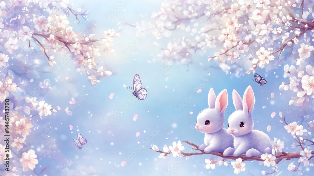 Obraz premium Cute rabbits in spring blossoms
