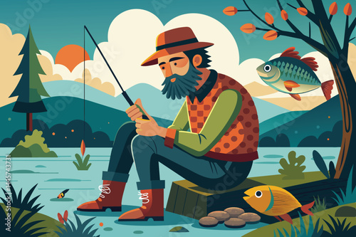A fisherman sits on a log by the lake, focused on his rod as he enjoys the calmness of the water during sunset, surrounded by trees and gentle hills.