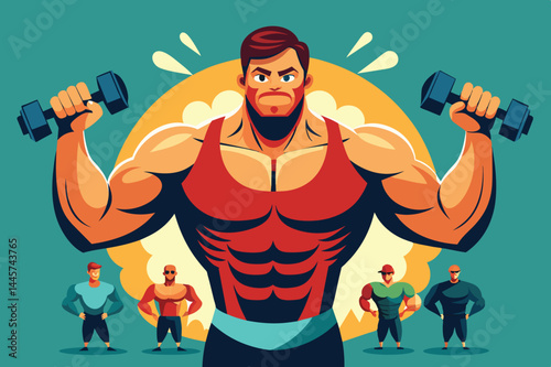 In a colorful gym background, a muscular man lifts dumbbells, demonstrating strength and confidence as supportive peers look on, inspired by his dedication.