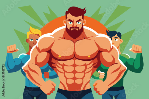 Three charismatic animated characters display their impressive muscles in a colorful backdrop, embodying fitness and motivation with proud expressions.