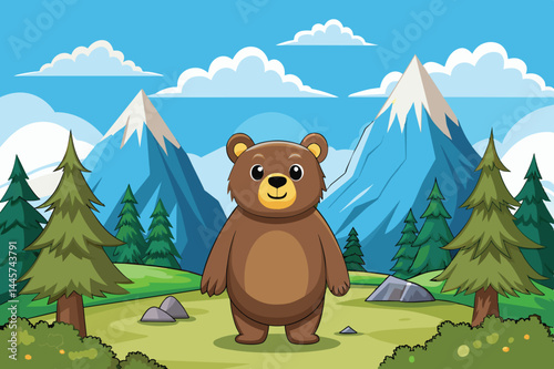A cheerful cartoon bear stands upright in a colorful forest, surrounded by tall trees and majestic mountains, with fluffy clouds floating above on a sunny day.
