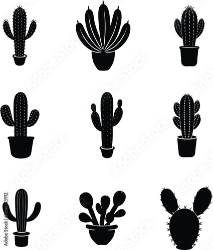 cactus silhouettes, cactus flowers vector.