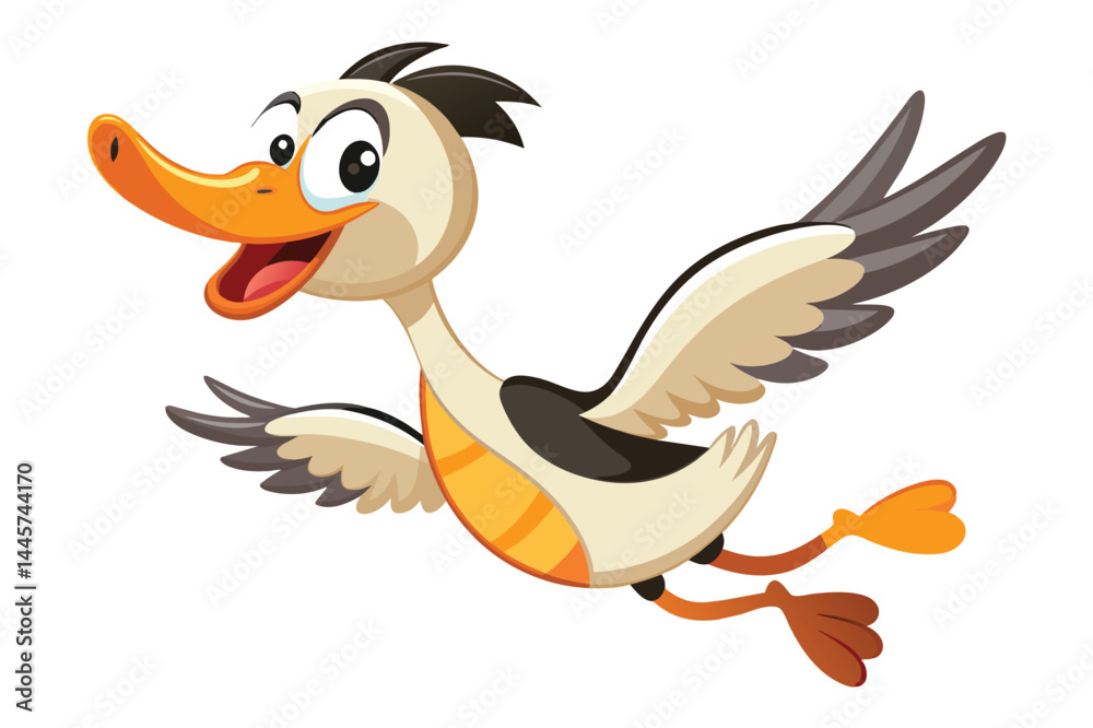 A cheerful cartoon duck is soaring happily through the bright blue sky, wings outstretched, displaying a joyful expression and a sense of playful adventure. A cheerful cartoon duck is soaring happily through the bright blue sky, wings outstretched, displaying a joyful expression and a sense of playful adventure.