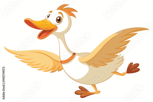 A lively cartoon duck is happily flapping its wings and smiling, showcasing an animated design that emphasizes joy and cheerfulness in bright colors.