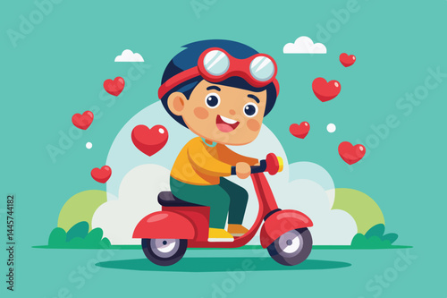 A cheerful child wearing goggles rides a red scooter, smiling happily as heart shapes float around in a vibrant, cartoon-like setting.