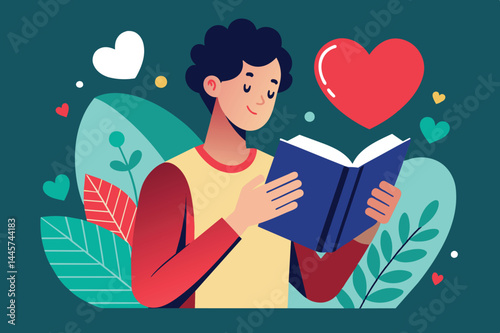 This artwork depicts a young person happily reading a book, immersed in a world of imagination amid vibrant leaves and playful hearts, showcasing a love for literature.