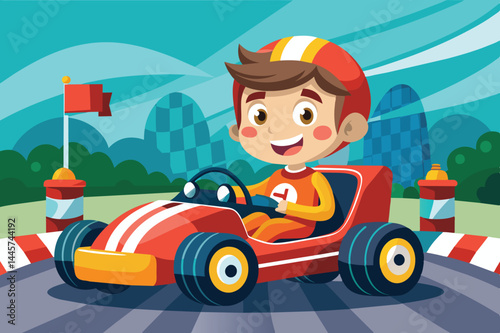 A cheerful boy speeds around a vibrant racetrack in his go-kart, wearing a helmet and racing suit, enjoying the thrill of competition under a clear blue sky.