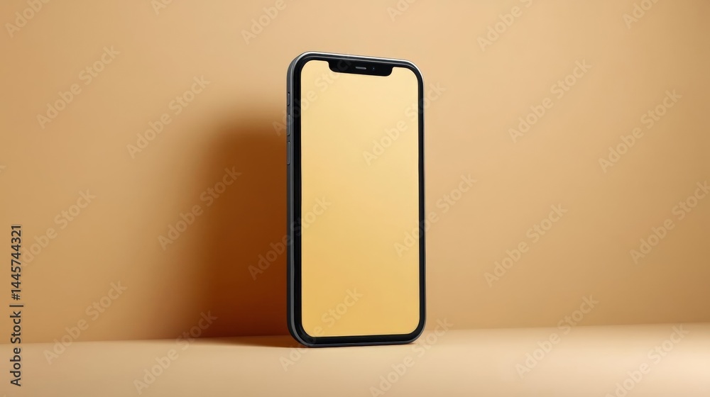 Black smartphone with a blank screen on a beige background. the phone is positioned in a way that it is facing towards the right side of the image.