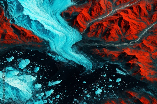 Abstract Illustration of Blue Water Flowing Over Red Rocks