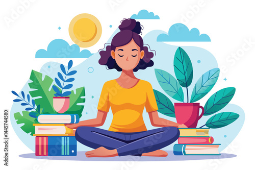 The woman sits cross-legged, enjoying tranquility while surrounded by stacks of books and greenery under a bright sunlit sky, fostering a calm atmosphere.