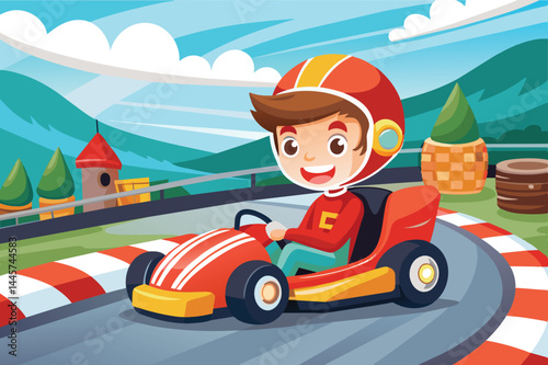 A cheerful boy, wearing a helmet, speeds around a colorful go-kart track with vibrant scenery of hills and trees in the background under a clear blue sky.