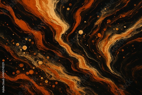 Digital abstract artwork featuring swirling fire-like streams in shades of orange, burnt red, and gold over a dark background.