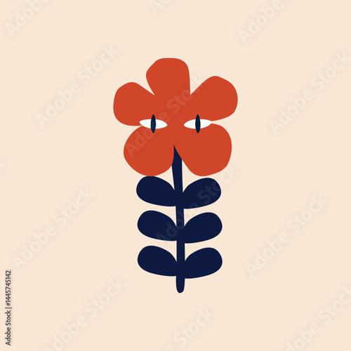 Funny red flower hand drawn vector illustration. Isolated adorable plant for kids poster or logo.