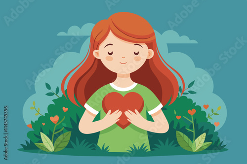 A young girl with long red hair stands in a vibrant garden, warmly holding a heart in her hands, surrounded by greenery and blooming flowers.