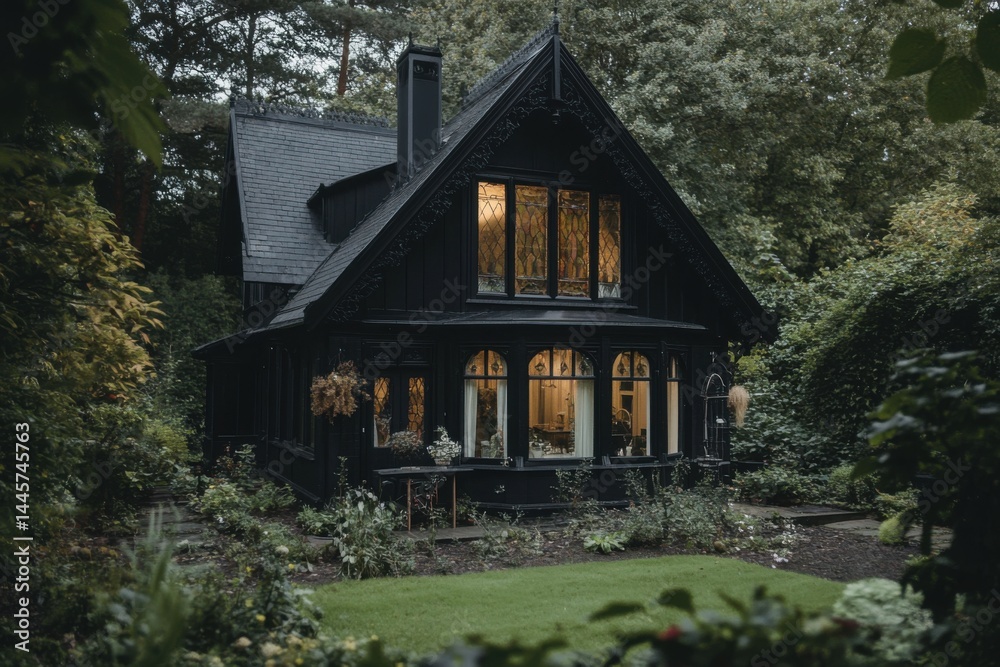 Fototapeta premium Charming black house nestled in a lush garden, showcasing large windows illuminated at dusk, located in a serene countryside setting