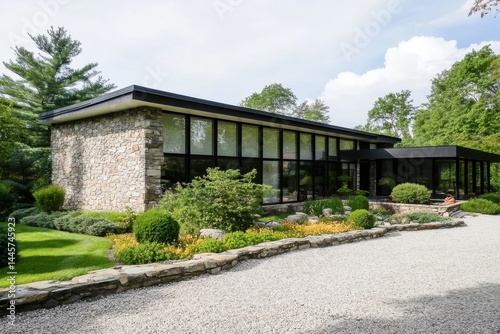 Wallpaper Mural Modern stone house surrounded by landscaped garden and greenery in a serene rural setting, showcasing large windows that reflect the sky during daylight hours Torontodigital.ca