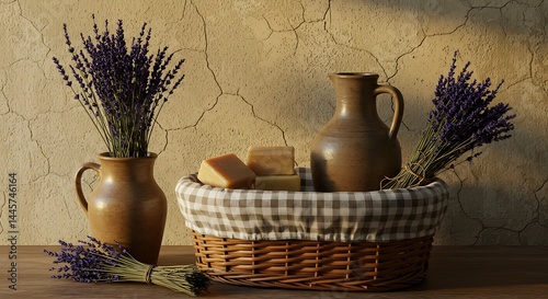 Rustic lavender arrangement with artisan soap and vintage pottery vessels