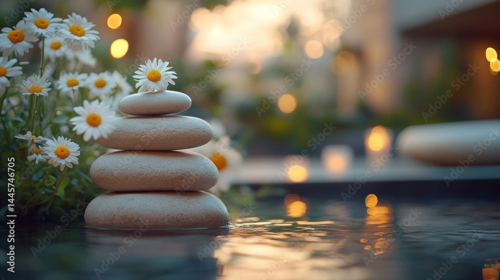 Obraz premium Serene Stacked Stones with Daisies and Warm Evening Light