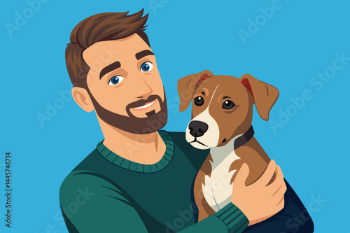 A man with a beard smiles while gently cradling his affectionate dog, creating a joyful atmosphere of friendship and love between them, set against a blue backdrop.