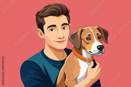 A young man with light brown hair and blue eyes lovingly embraces a dog, showcasing a joyful interaction between pet and owner against a vibrant pink backdrop.