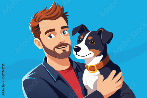 A man embraces a happy black and white dog, radiating joy and companionship against a vibrant blue backdrop. Their connection highlights the love between pets and their owners.