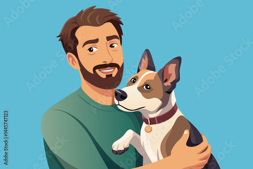 The man beams with joy while cradling the dog, highlighting the bond of friendship and love they share in a vibrant and colorful setting.