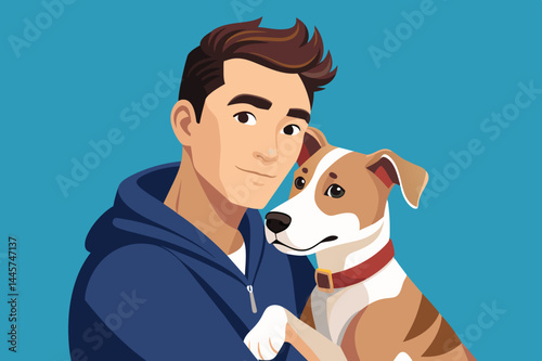 A young man holds his dog close, smiling gently. They share a moment of connection and joy, highlighting the bond between pets and their owners in a bright setting.