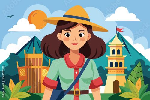 The woman is smiling while wearing a straw hat, and she stands amidst lush greenery and scenic mountains under a bright sun, showcasing the beauty of nature.