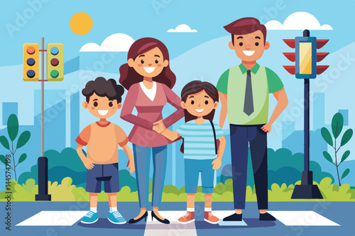 A family of four stands at a crosswalk in a lively urban area, smiling as they wait for the traffic lights to change on a sunny day. The scene conveys safety and unity.