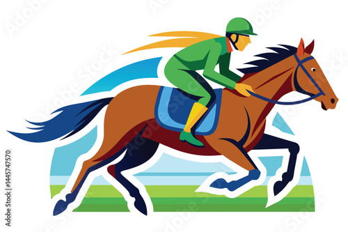 A jockey clad in green grips the reins tightly while riding a galloping horse through a colorful landscape at dawn, highlighting the excitement of the race.
