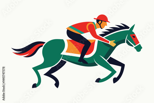 A jockey in a bright red uniform expertly maneuvers a green horse as it charges forward on a racetrack, highlighting the excitement of a horse race.